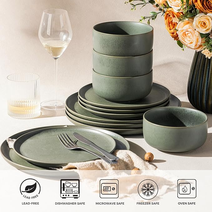 LERATIO Stoneware Dinnerware Sets for 4,Handcarft Ceramic Plates and Bowls Sets,Chip and Scratch Resistant Dishes, Dishwasher & Microwave Safe, Oven safe,Reactive Glaze-Green