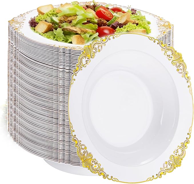 100PCS Gold Plastic Bowls - 12 oz White Disposable Salad Bowls - Heavy Duty Soup Serving Bowl - Fancy Plastic Ice Cream Bowl for Parties, Dinners, Catering, Picnics