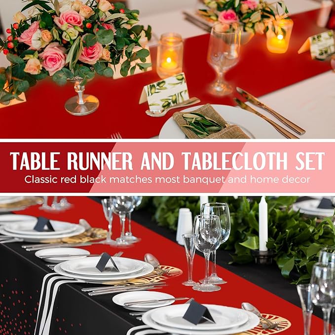 Breling 24 Pack Black and Red Disposable Plastic Tablecloths and Satin Table Runner Set, 54 x 108 Inch Tablecloth, 12 x 108 Inch Table Runners for Wedding Graduation Birthday Baby Shower