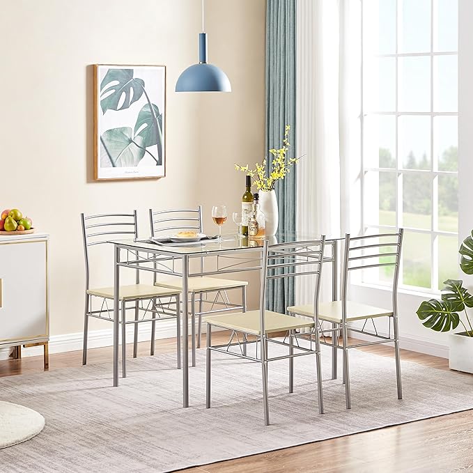 VECELO Dining Table Set for 4, 5-Piece Glass Kitchen Table with Chairs for Small Space, Breakfast Nook, Space-Saving, Silver