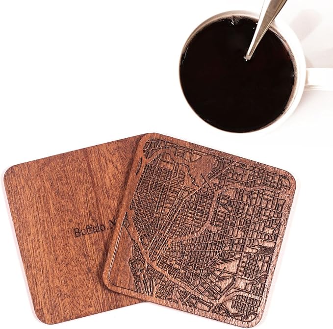 Buffalo, NY Map Coaster by O3 Design Studio, Set of 4, Sapele Wooden Coaster with city map, Multiple city optional, Handmade