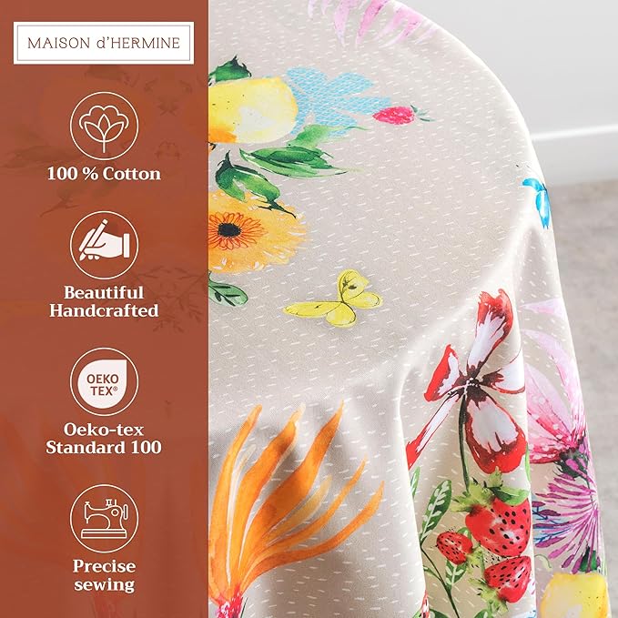 Maison d' Hermine Table Cloth Round Table 100% Cotton 63 Round Inches Tablecloth Reusable Decorative for Dining Room Farmhouse Home Valentines Day Decorations Spring Summer - Jardin D'Ete - Fog