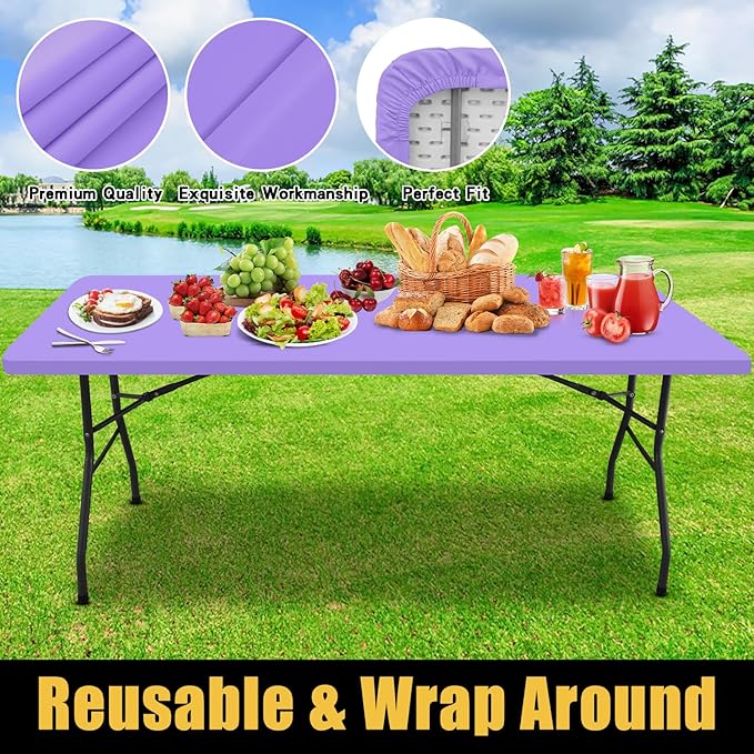 Smiry Rectangle Picnic Table Cloth, Waterproof Elastic Fitted Tablecloths for 6 Foot Tables, Washable Polyester Table Cover for Camping, Indoor and Outdoor (Lavender, 30"x72")