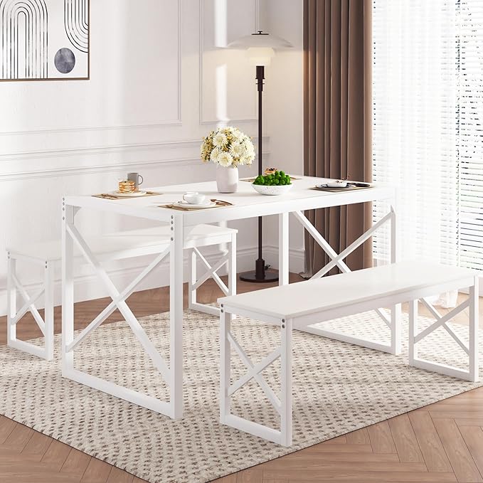 VECELO Kitchen Dining Table Sets for 6, 55" Wood Dinette 2 Benches with Metal Frame for Dinner Breakfast Nook and Small Space, White