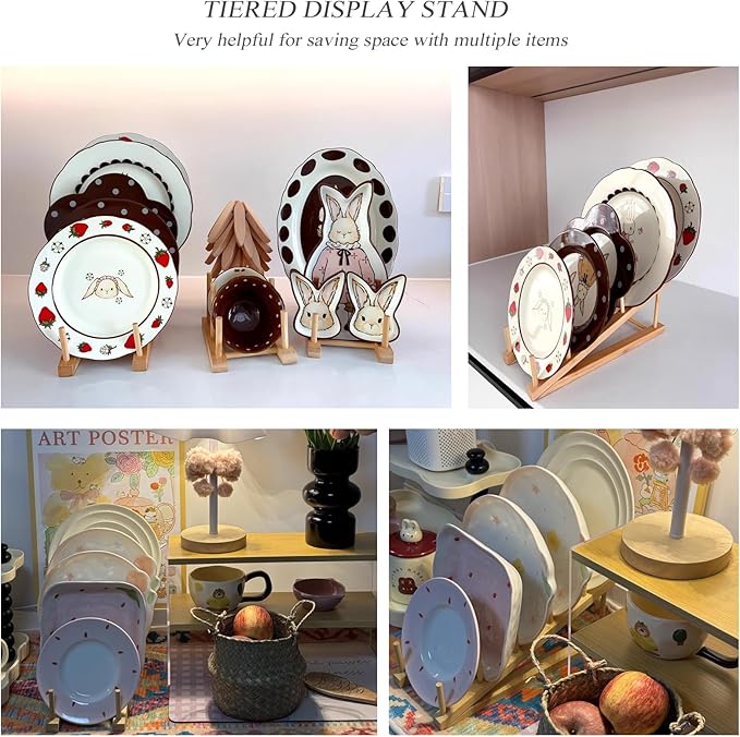 2 Pack Plate Stands For Display,Wooden Plate Holders for Displaying,5-Tier Craft Show Display Stands For Tabletop Book, Artwork, Photo, Puzzle, Magazine and Platter