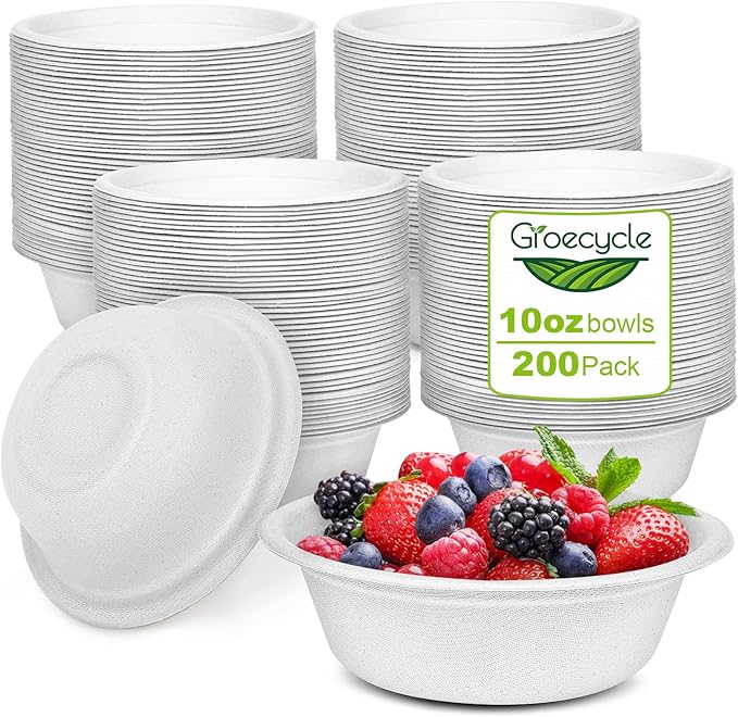 Paper Bowls 10 oz, 200 Pack Bowls Disposable Heavy Duty For Hot Soup, Ice Cream, Fruits, Snack, Small Compostable Bowl Made Of White Sugarcane
