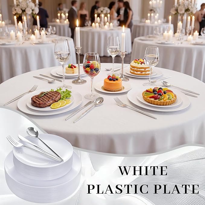 I00000 white Plastic Plates with Disposable silver silverware, disposable plates,nice disposable plates include 30 Dinner plates,30 white dessert plates, 90 Plastic Silverware Set for Valentine's Day