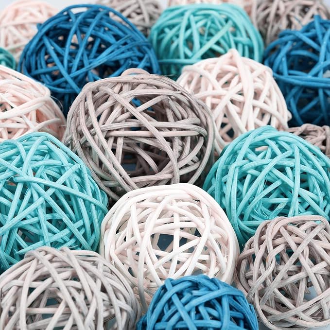 Patelai 36 Pcs Wicker Rattan Balls Decorative Balls for Vase Centerpiece Bowls Orbs Filler for Home Decor,4 Sizes(Dark Blue, Sky Blue, Gray, White)