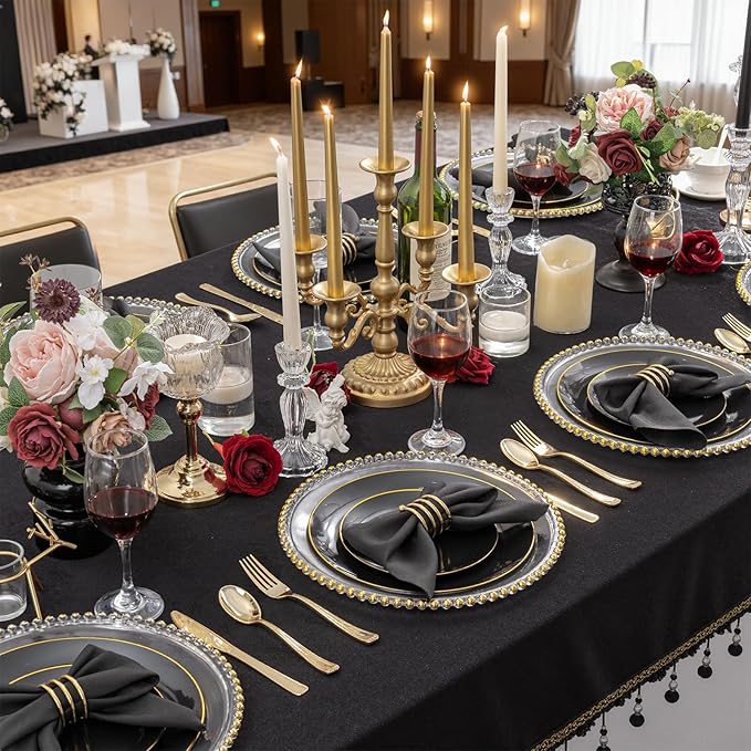 KIRE 100PCS Black and Gold Plates - Black Plastic Plates Disposable with Gold Rim for Halloween Party/Wedding/Birthday Include 50Pcs 10.25inch for Dinner and 50Pcs 7.5inch for Dessert/Salad