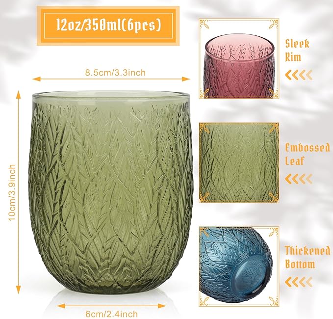 Topsky Vintage Colored Glassware Set of 6,12 oz Green Willow Leaf Drinking Glasses Set,Blue Drinkware Glasses for Wine,Cocktail,juice,Heavy Duty Glass Cups