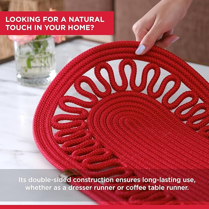 Oval Jute Table Runner | Woven Braided Dining Runner | Natural Textured Rattan Table Runner for Dining Table Coffee Table or Patio 11.8 x 27.5 (Red)