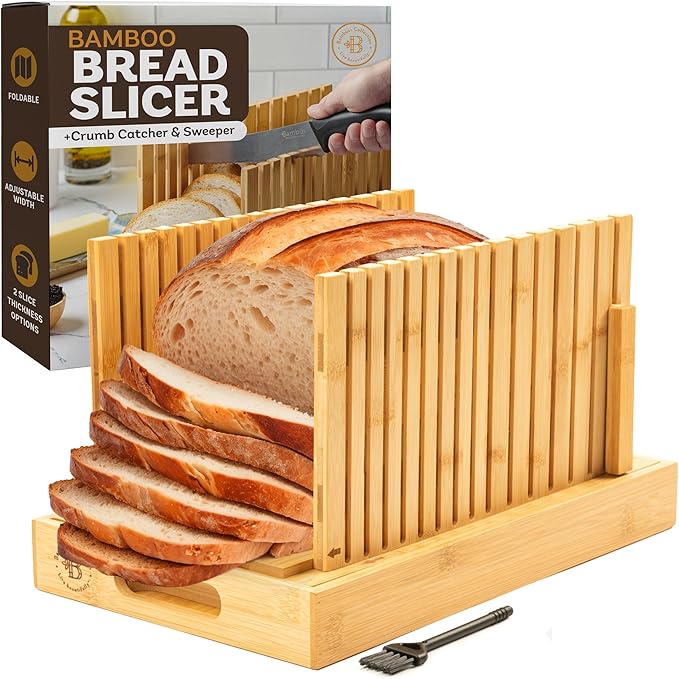 Bread Slicer for Homemade Bread - Bambüsi Upgraded Adjustable Bamboo Bread Cutter Board, Foldable Slicing Guide with Crumb Tray for Sourdough, Artisan Loaves, Bagels, Cakes, Bakery Kitchen Gadget Gift