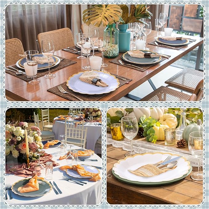 48 Pcs Dusty Blue Sage Green Paper Plates 9 Inch Green Blue Scalloped Paper Disposable Dinner Dessert Plates for Birthday Wedding Bridal Party Supplies, 6 Colors