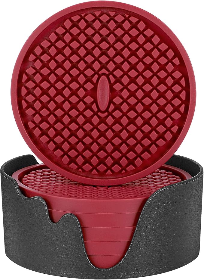 ME.FAN Silicone Coasters [6 Pack] Thickened Drink Coasters with Holder - Cup Mat - Non-Slip, Non-stick, Stay Put, Deep Tray - Prevents Furniture and Tabletop Damages(Wine Red)