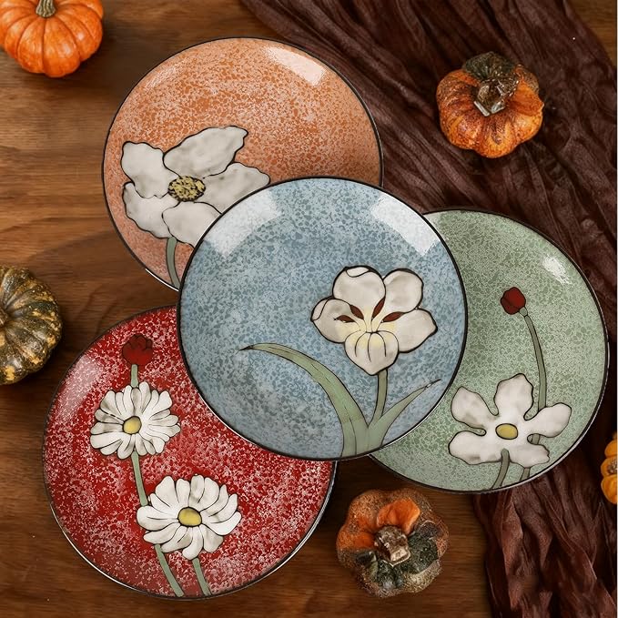 Ceramic Dinner Plates Set of 4, 11 Inch Underglaze Painting Large Porcelain Plates, Salad Plates-Microwave, Oven and Dishwasher Safe, Scratch Resistant