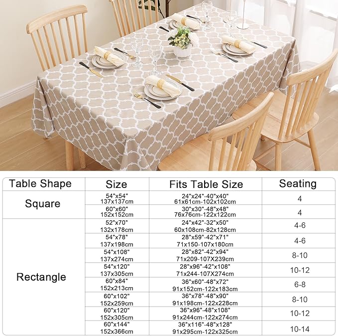 Smiry Rectangle Table Cloth, Waterproof Vinyl Tablecloths with Flannel Backing for Rectangle Tables, Wipeable Spillproof Plastic Tablecloth for Dining, Camping, Indoor and Outdoor (60"x102", Khaki)