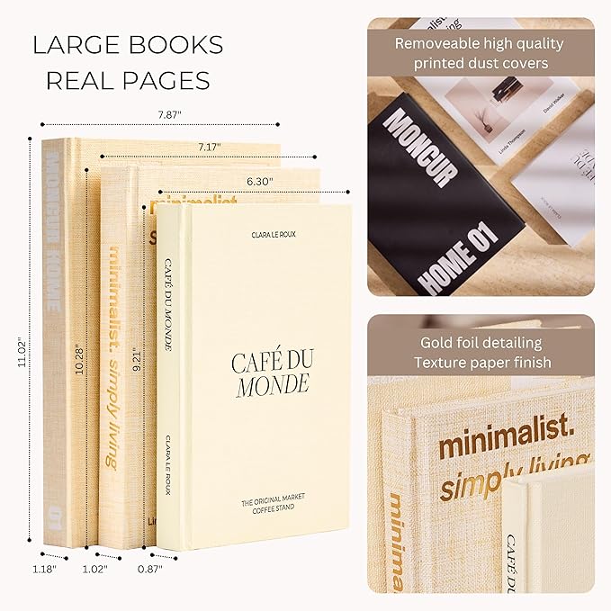 Decorative Coffee Table Books Set of 3 – Neutral Home Décor Beige Hardcovers with Removable Black & White Covers, Real Blank Pages, Modern Room Décor Aesthetic Faux Books for Shelf & Table Styling