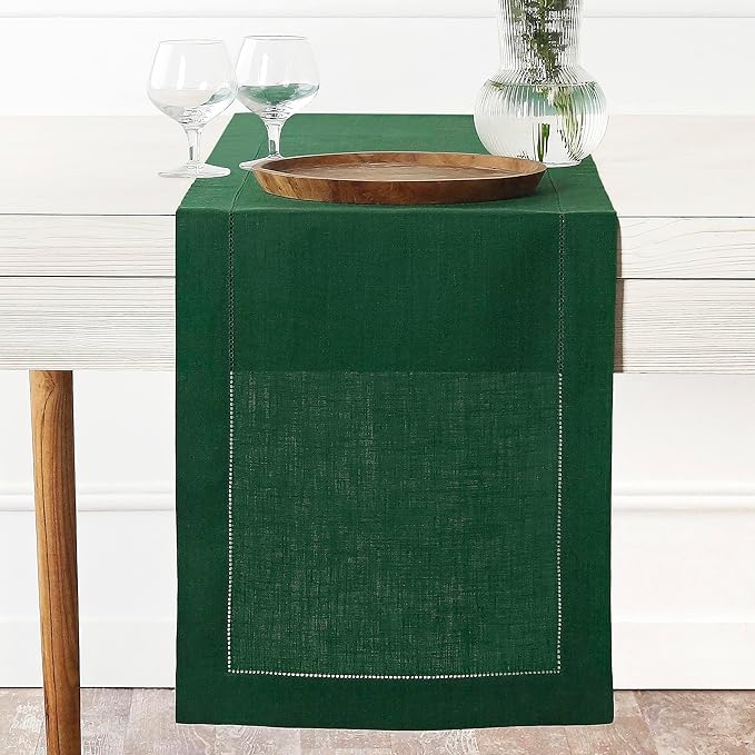 D'Moksha Homes Linen Forest Green Table Runner 36 Inches - 100% Pure Linen Small Table Runner 14 x 36 Inch Ideal for Dresser, Coffee Tables, St Patricks Day, Easter - Classic Hemstitch