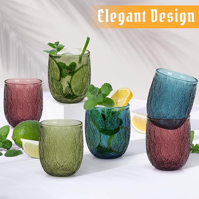 Topsky Vintage Colored Glassware Set of 6,12 oz Green Willow Leaf Drinking Glasses Set,Blue Drinkware Glasses for Wine,Cocktail,juice,Heavy Duty Glass Cups