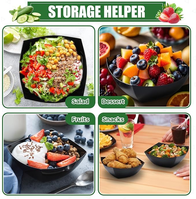 Tanlade 50 Pcs Square Plastic Serving Bowls Disposable Snack Salad Bowl Small Party Candy Bar Containers Taco Bar Serving Dishes for Buffet Chips Fruit(12 oz,Black)