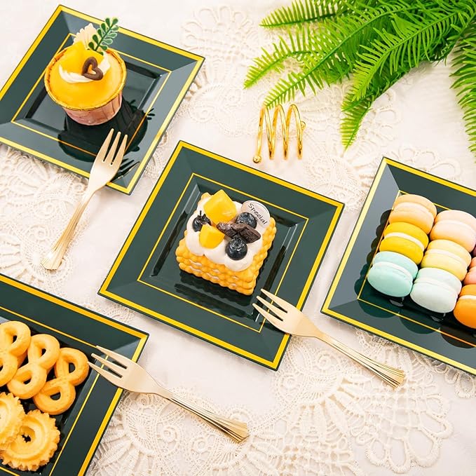 WDF 200PCS Green and Gold Plastic Dessert Plates with Plastic Forks -6’’ 100 Square Disposable Appetizer Plates Small Plates Cake Plates with Gold&100 Green Small Appetizer Forks for St. Patrick's Day