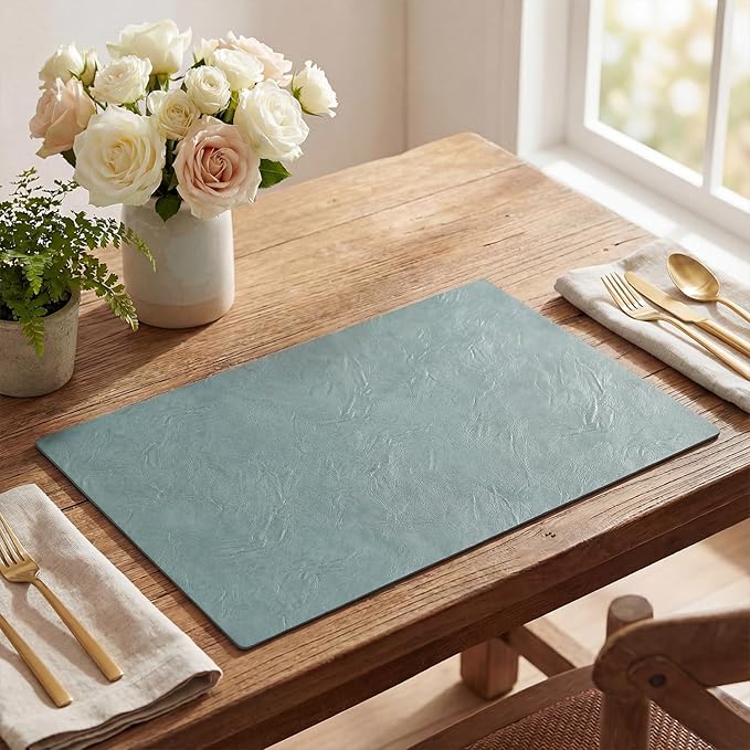 Artoid Mode Blue Faux Leather Placemats Set of 4, 12x18 Inch Waterproof Wipeable Heat Resistant Vinyl Place Mats, Reversible Table Mats for Winter Kitchen Dining Decor