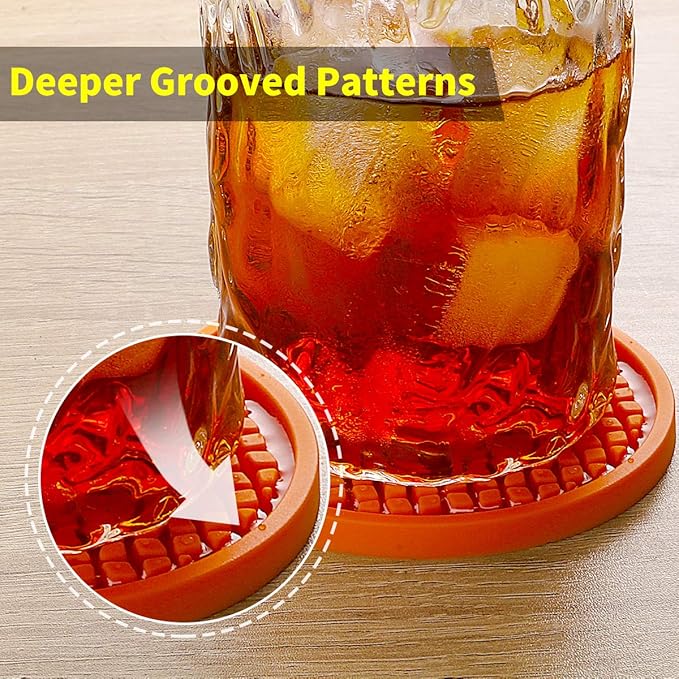 ME.FAN Silicone Coasters [6 Pack] Thickened Drink Coasters with Holder - Cup Mat - Non-Slip, Non-stick, Stay Put, Deep Tray - Prevents Furniture and Tabletop Damages(Orange)