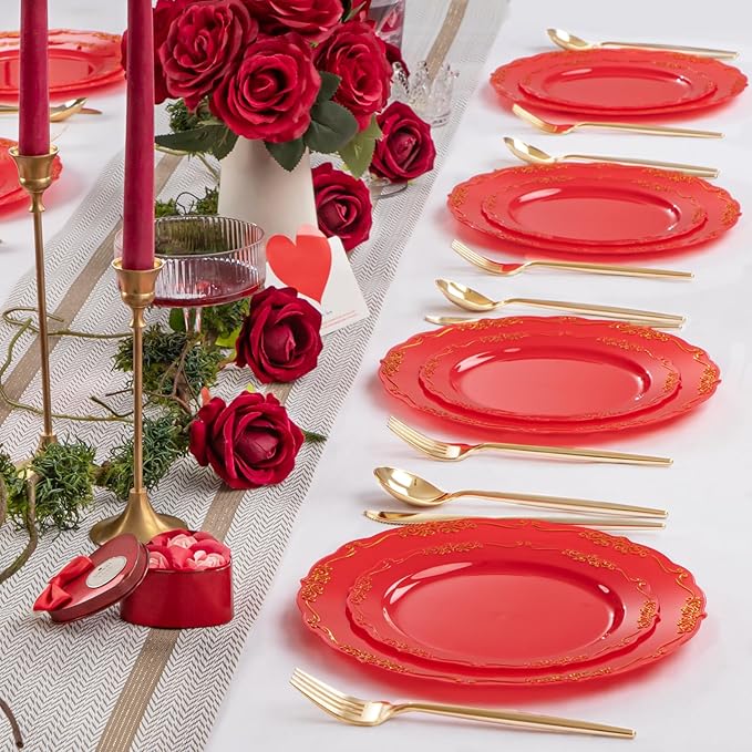 U-QE 100PCS Red Plastic Plates - Heavy Duty Red Disposable Plates Disposable with Gold Rim - Include 50PCS 10inch Dinner Plates and 50PCS 7.5inch Dessert/Salad Plates for Party