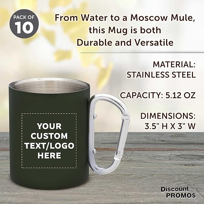 Custom Stainless Steel Mugs with Carabiner Handle 10 oz. Set of 10, Personalized Bulk Pack - Perfect for Coffee, Soda, Other Hot & Cold Beverages - Army Green
