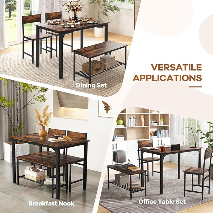 NAFORT Dining Table Set for 4 with Bench, Industrial Kitchen Table and Chairs, Rustic Brown Wood & Black Metal 4-Piece Dining Set for Apartment, Small Space, Kitchen & Dining Room
