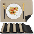MOSAYT Vinyl Placemats Set of 8, Heat Resistant Place Mats 100% Waterproof Washable & Wipeable Faux Leather Reversible Table Mats for Kitchen Dining Party Indoor Outdoor, 12" x 17", Black/Khaki