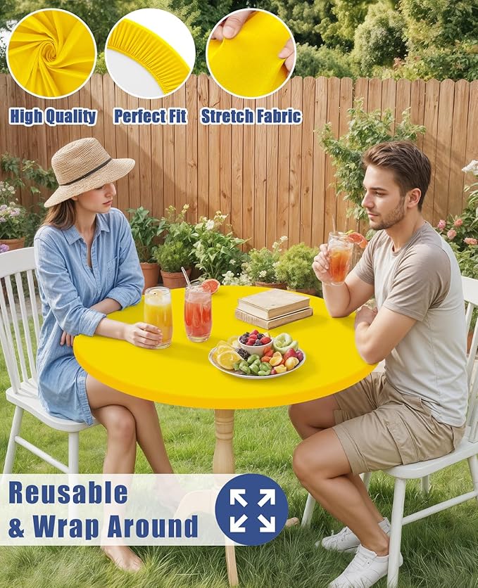 Round Spandex Tablecloth 2 Pack, Elastic Fitted Waterproof Tablecloths for 57"-68" Tables, Stretch Washable Picnic Table Cover for Camping, Dining, Indoor and Outdoor, Yellow