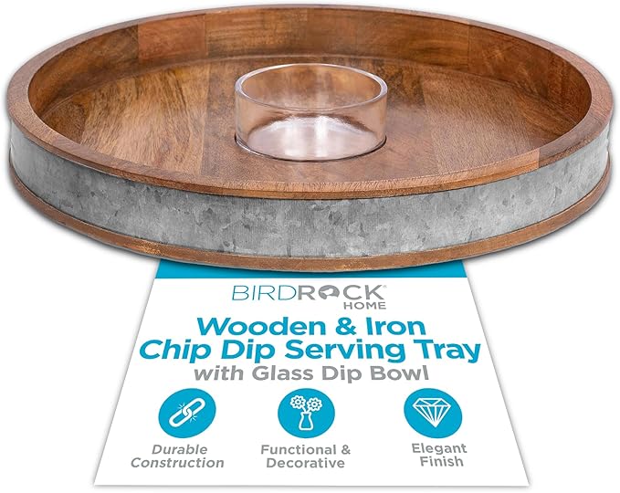 BIRDROCK HOME Wooden & Iron Chip Dip Serving Tray w/Glass Dip Bowl | Extra Large Decorative Kitchen Platter | Salsa, Guacamole, Veggies, Cheese | Decor for Coffee Table, Dining & Living Room - Round