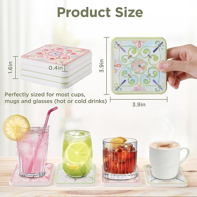 Coasters Set of 4, Square Drink Coasters Absorbent Heat Resistant Diatomite Coaster Cup Mats Vintage Home Decor for Coffee Table Desktop Protection (A, 3.9" x 3.9", 4pcs)