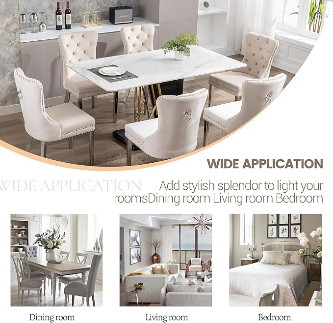 KCC Velvet Dining Chairs Set of 6, Upholstered High-end Tufted Dining Room Chair with Nailhead Back Ring Pull Trim Stainless Steel Legs, Contemporary Nikki Collection Modern Style for Kitchen, Beige