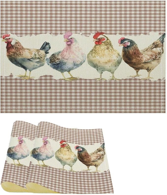 Rustic Rooster Placemat Set, Vintage Boho Farmhouse Colorful Watertcolor Chicken Pink Plaid Pattern Home Decor Table Mats for Dining Room Kitchen Party (17x12in) x2P