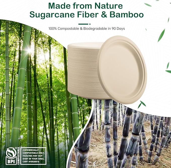 6 Inch 128 Pack Compostable Disposable Paper Plates, Small Dessert Plates, Heavy Duty Sugarcane Bagasse, Biodegradable Eco-Friendly, Perfect for Kids Meals & Parties, Natural