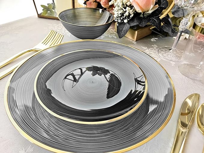 " OCCASIONS " 50 Plates Pack (25 Guests)-Wedding Party Disposable Plastic Plate Set -25 x 10'' Dinner + 25 x 7'' Salad & Dessert plates (Belize in Black & Gold)