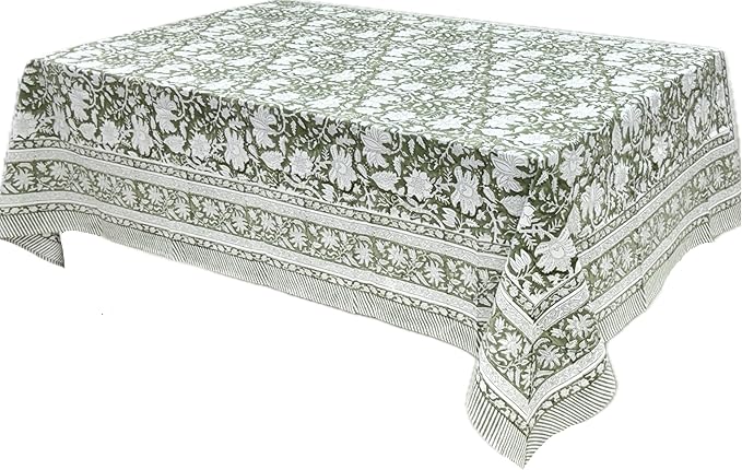 ATOSII Noori Green 100% Cotton Tablecloth, Block Print Rectangle Table Cover for Dining, Parties, Weddings, Outdoors, Holidays, 60 X 90 Inches I 6 Seater I Grandmillennial Preppy Boho Farmhouse Summer