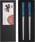 Titanium Plated Chopstick Stainless Steel Chopsticks Metal Chopsticks Reusable Dishwasher safe Premium Laser Engraved Chop Sticks for Eating 2 Pairs Gift Set Blue Silver