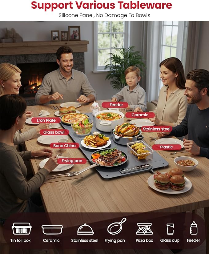Extra Large Food Warming Mat for Countertop (XXL 36”x16”) - Full-Surface Heating Pad with 4 Temps Settings, Ideal for Buffet Party Food Warmer, Roll-Up Electric Warming Tray for All Gathering, Gray