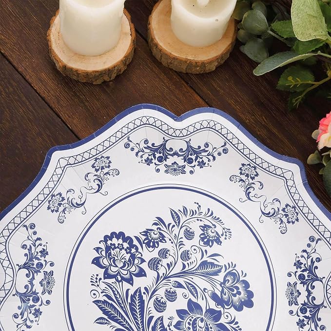 50 Pack 10" Light Blue French Toile Dinner Plates, Disposable Round Paper Party Plates 300 GSM for Festive Table Decoration