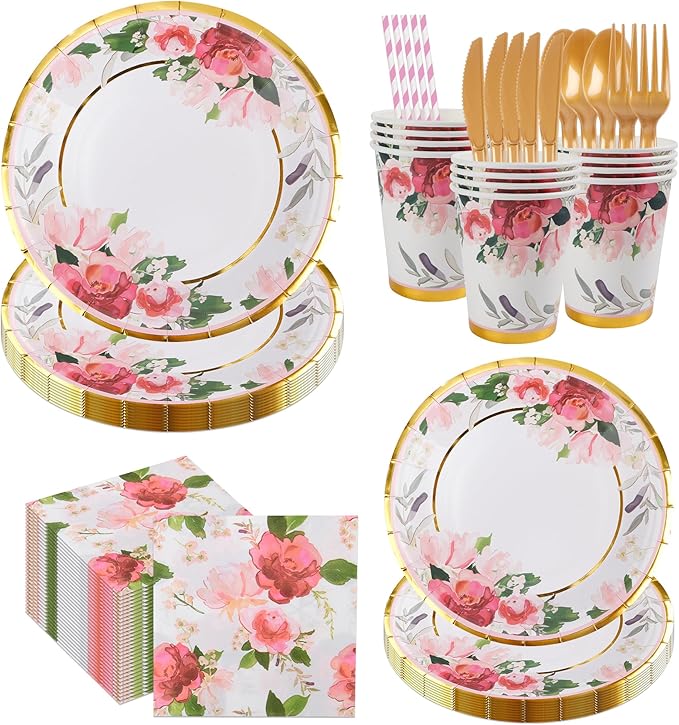 280PCS Floral Paper Plates and Napkins Party Supplies for 35 Guests Disposable Tableware with Plates Napkins Cups Cutlery Straws for Bridal Shower Birthday Party