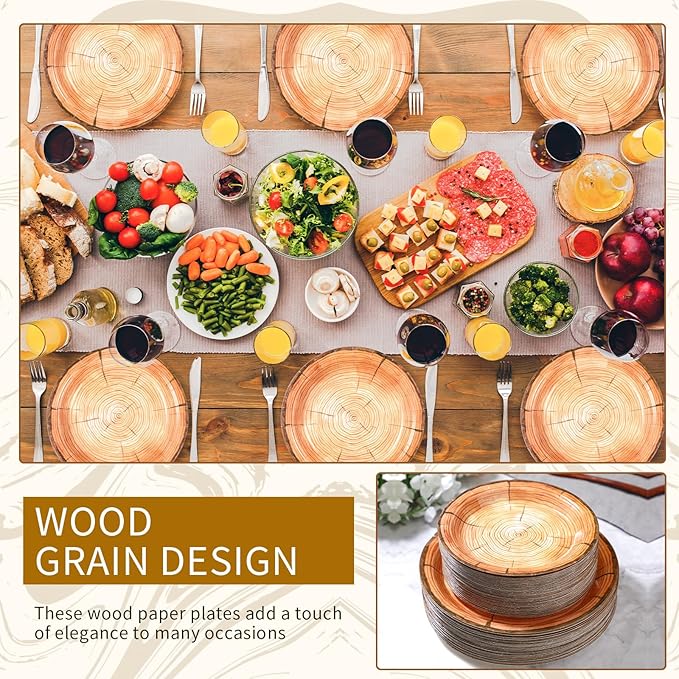 Tioncy 150 Pieces Wood Grain Paper Plates 7" 9" Rustic Wood Slice Plate Farmhouse Round Disposable Dinner Dish for Woodland Baby Shower Lumberjack Birthday Party Supplies