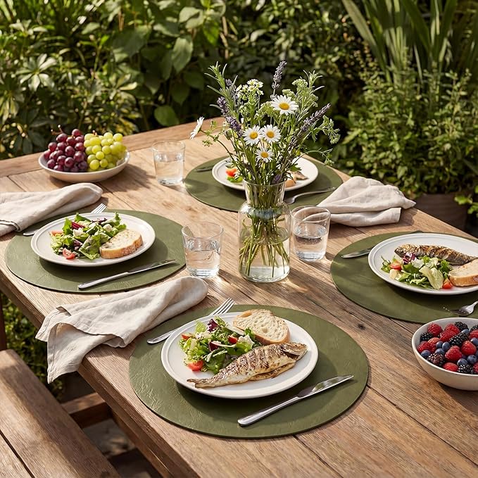 Artoid Mode Olive Green Faux Leather Placemats Set of 4, 15 Inch Waterproof Wipeable Heat Resistant Vinyl Place Mats, Reversible Table Mats for Kitchen Dining Decor