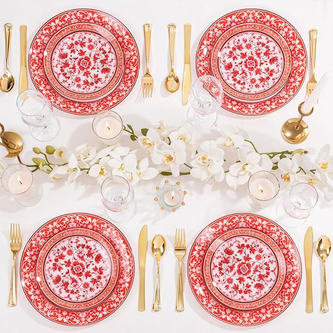 Hioasis 60pcs Red Plastic Plates Set - Floral Red & White Porcelain Design, 10.25" Dinner & 7.5" Dessert Plates Disposable for Christmas (Dishwasher Safe, Art Style)