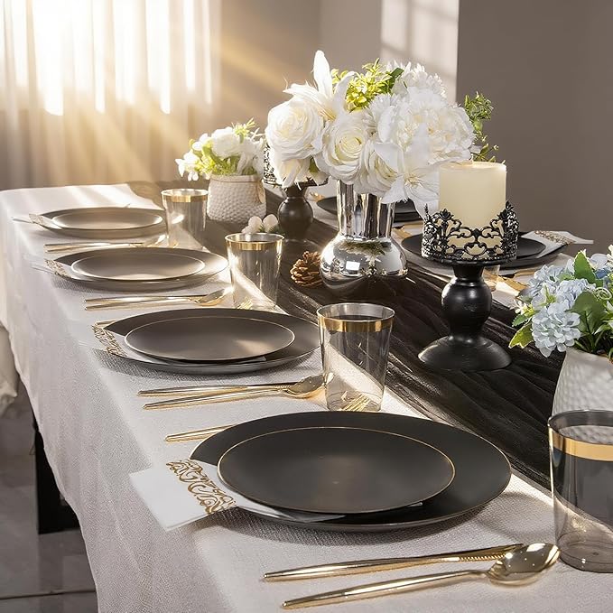 EI 350Pcs Black and Gold Matte Frosted Plastic Plates Disposable Heavy Duty,Dinnerware Set for Party Include 100 Disposable Plates,150 Silverware,50 Napkins,50 Cups for Party/Wedding/Events,Hotel