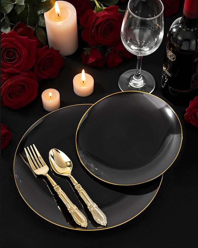 Nervure 100PCS Black and Gold Plastic Plates - 10.25 inch Black Disposable Plates - Gold Rim Dinner Plate - Black Dinner Plate Ideal for Wedding & Party