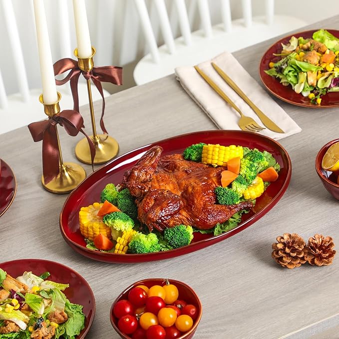 vicrays Ceramic Serving Platter Tray - Extra Large Oval 14.5 Inch Porcelain Dinner Plates Long Serving Dish Set - for Party Restaurant Food Meat Sushi Fish Turkey Platter - Cherry Red