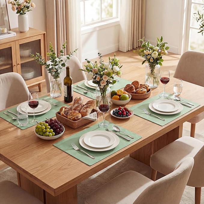 Artoid Mode Sage Faux Leather Placemats Set of 4, 12x18 Inch Waterproof Wipeable Heat Resistant Vinyl Place Mats, Reversible Table Mats for Spring Kitchen Dining Decor